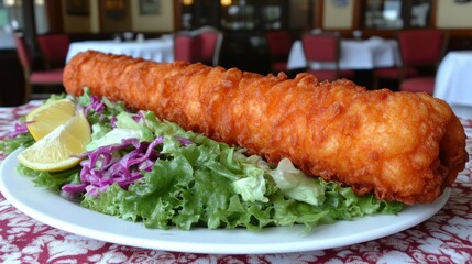 Giant Fried Fish Filet with Salad and Lemon Wedges