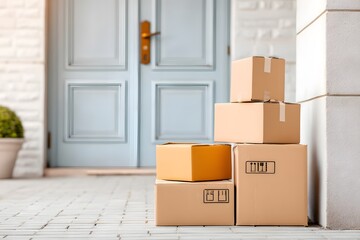 Delivery parcel boxes on doorstep. Online shopping concept