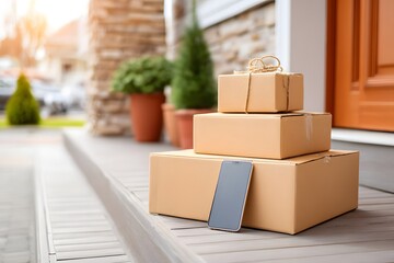 Delivery parcel boxes on doorstep. Online shopping concept