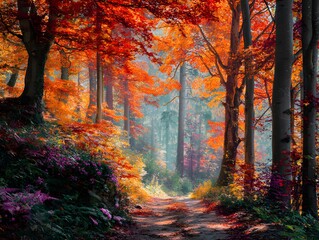 Fototapeta premium Autumn forest path at misty night