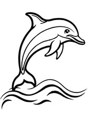 Obraz premium Playful black and white illustration of a jumping dolphin above wavy ocean water