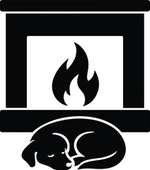 Silhouette sleeping dog near fireplace black and white vector illustration