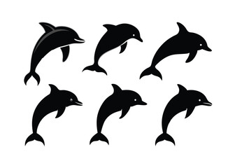 Obraz premium Set of black dolphin silhouettes in various poses on a clean white background for design