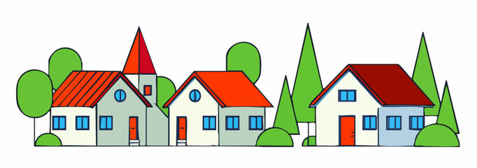 Fototapeta premium Village Houses and Trees IllustrationVector
