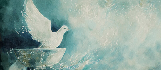 Watercolor of Holy Spirit Dove Over Baptismal Font – Spiritual Christian Symbol