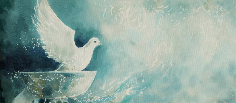 Watercolor of Holy Spirit Dove Over Baptismal Font &ndash; Spiritual Christian Symbol