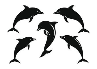 Fototapeta premium Silhouette illustration of five playful dolphins swimming in a group formation against a white background