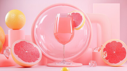 Refreshing 3D Still Life with Pink Grapefruit, Ice, and Drink in Glass - Playful, Vibrant, Smooth Digital Art, Modern Aesthetic with Colorful Elements