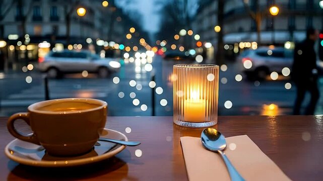 Cozy Cafe Scene Coffee Candlelight and City Lights at Dusk in Paris