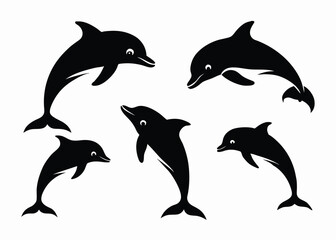 Obraz premium Silhouette illustrations of five playful dolphins with expressive eyes on a clean white background