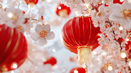 Festive Red Lanterns and Cherry Blossoms with Glowing Lights Chinese New Year, Traditional, Elegant, Vibrant Spring Celebration, Beautiful Cultural Decoration