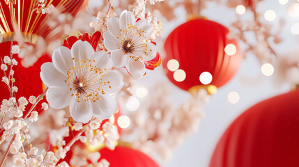 Festive Red Lanterns and Cherry Blossoms with Glowing Lights Chinese New Year, Traditional, Elegant, Vibrant Spring Celebration, Beautiful Cultural Decoration