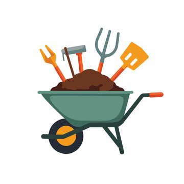 Wheelbarrow with Soil and Gardening Tools on White Background, Gardening Illustration