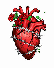 Anatomical Heart with Roses and Barbed WireVector