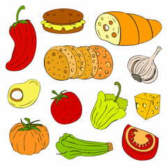 Assorted Vegetables Bread and Cheese IllustrationsVector