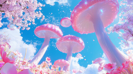 Whimsical Digital Art of Vibrant Pink Mushrooms Among Flowers and Blue Sky - Dreamlike, Surreal, Fantasy Nature, Magical Forest Landscape