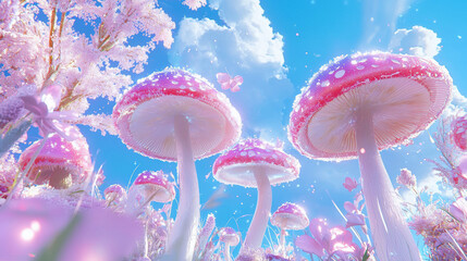 Whimsical Digital Art of Vibrant Pink Mushrooms Among Flowers and Blue Sky - Dreamlike, Surreal, Fantasy Nature, Magical Forest Landscape