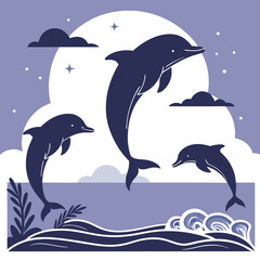 Obraz premium Stylized illustration of playful dolphins swimming in the ocean with a night sky background