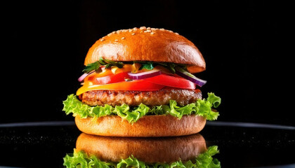 Gourmet burger with sesame seed bun, fresh vegetables, and melted cheese, presented on mirrored base for luxurious dining experience