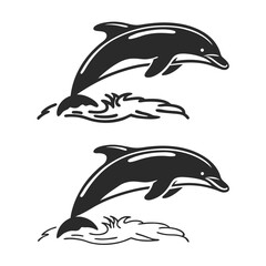 Fototapeta premium Two black dolphin silhouettes jumping out of water illustration on white background