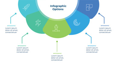 Minimal vector infographic design with six colorful segments arranged around a central circle. Each segment includes a linear icon and connecting line with descriptive text. Suitable for presentations