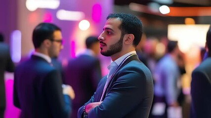 Business professional observing a networking event with blurred attendees and vibrant lighting