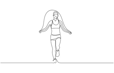 Single continuous line drawing young sportive woman train jumping with skipping rope in sport, Young sportive woman train jumping with skipping rope continuous one line drawing. Editable outline.