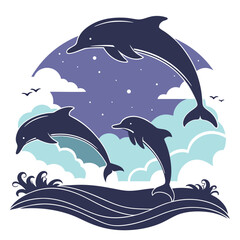Naklejka premium Whimsical illustration of three dolphins jumping amidst clouds and sea with stylized design