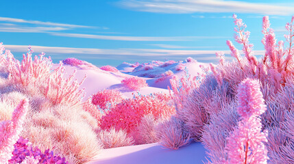 3D surreal winter landscape with pink fluffy flowers and snow-covered mountains, ethereal magical scenery, vibrant colorful fantasy world, dreamy serene landscape with soft textures and tranquil atmos