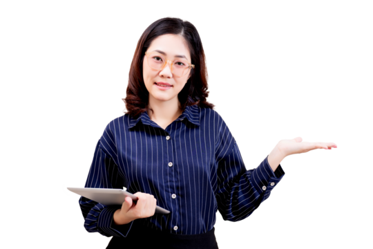 A woman wearing glasses and a striped shirt holds a tablet in one hand and gestures with the other as if presenting or explaining something.