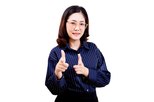 Asian young beautiful woman smiling with glasses wearing a striped shirt points both hands forward in a confident and friendly gesture.