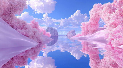 3D surreal landscape with vibrant pink trees and calm reflective water, ethereal dreamy sky with clouds, peaceful fantasy world, serene tranquil environment with magical pastel tones