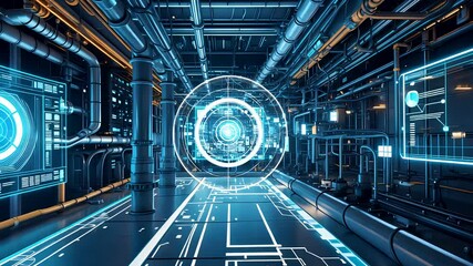 Futuristic high-tech data center tunnel with glowing digital circuits, blue lighting, and complex pipe systems - Powered by Adobe