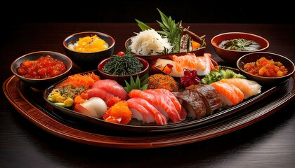 Delicious sushi platter featuring various types of sushi, garnishes, and side dishes served elegant bowls, showcasing vibrant colors and textures