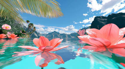 3D serene tropical lake with vibrant pink lotus flowers, clear water reflecting majestic mountains, peaceful nature landscape, vibrant lush greenery and sky, relaxing tranquil atmosphere