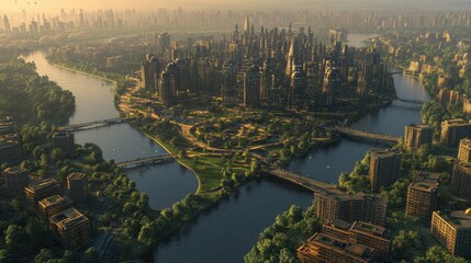Fototapeta premium Aerial View of a Modern Urban City Surrounded by Water Bodies and Lush Green Parks at Sunrise