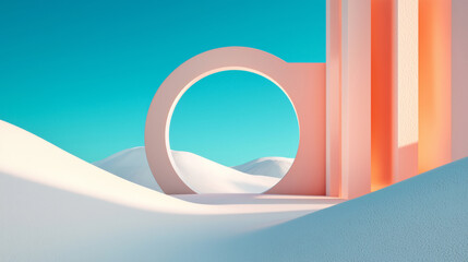 3D minimalist futuristic architecture with smooth curved shapes and vibrant pastel colors, abstract surreal landscape, clean geometric design with soft lighting and tranquil atmosphere