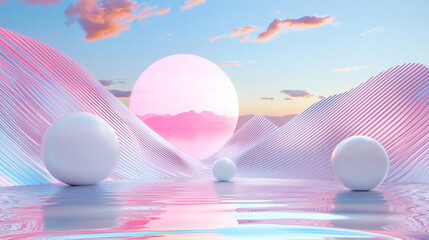 3D surreal landscape with pink sun and reflective spheres, smooth mountain ranges and serene water, futuristic minimalistic design, dreamy tranquil environment with soft lighting and vibrant colors