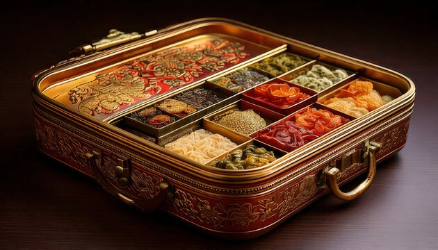 Traditional Korean dosirak lunchbox featuring detailed compartmental layout, showcasing vibrant colors and rich presentation of various dishes