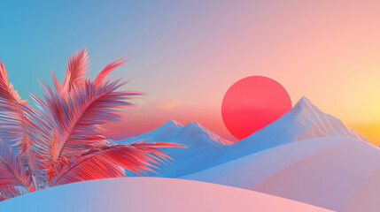 Surreal Digital Landscape with Pink Sunset, Snowy Mountains, and Tropical Elements Dreamy, Vibrant, Futuristic Aesthetic with Smooth Gradient Sky