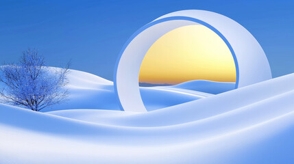 Surreal Winter Landscape with Glowing White Circle and Smooth Snowy Hills - Dreamy, Serene, Futuristic Digital Art with Abstract Elements