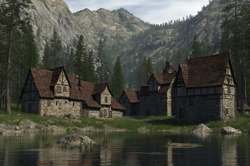 Fototapeta premium Medieval village nestled by mountain lake
