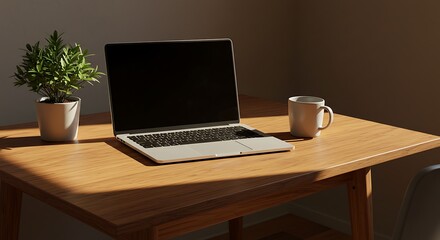 Fototapeta premium Laptop on Wooden Desk with Plant and Mug in Warm Natural Sunlight