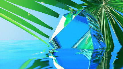 Crystal Surreal Digital Art of Shiny Blue Diamond with Palm Leaves and Glowing Reflection Vibrant, Modern, Elegant Aesthetic with Futuristic Design