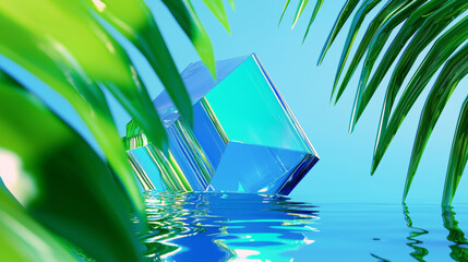 Crystal Surreal Digital Art of Shiny Blue Diamond with Palm Leaves and Glowing Reflection Vibrant, Modern, Elegant Aesthetic with Futuristic Design