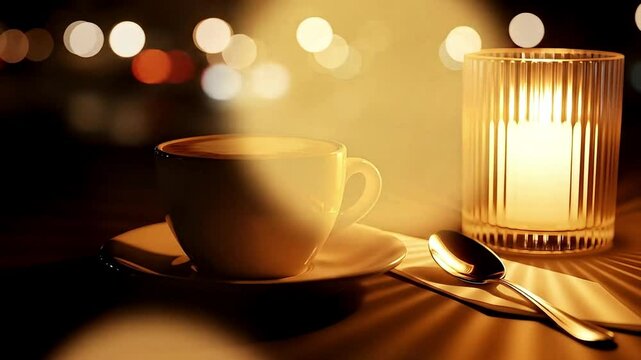 Coffee Cup and Candlelight A Warm Relaxing Evening Scene with Bokeh Lights