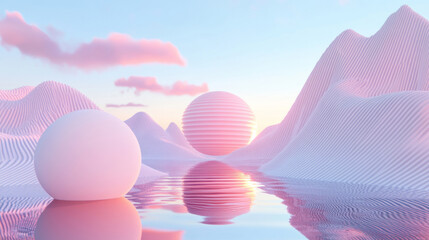 3D surreal landscape with pink sun and reflective spheres, smooth mountain ranges and serene water, futuristic minimalistic design, dreamy tranquil environment with soft lighting and vibrant colors