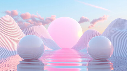 3D surreal landscape with pink sun and reflective spheres, smooth mountain ranges and serene water, futuristic minimalistic design, dreamy tranquil environment with soft lighting and vibrant colors