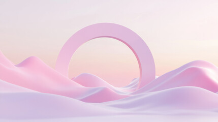 3D surreal pink arch over smooth rolling hills, minimalist futuristic landscape with soft lighting, clean and serene abstract design, peaceful dreamy environment with soft pastel colors