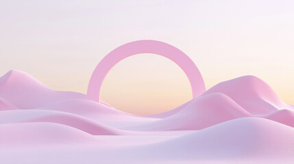 3D surreal pink arch over smooth rolling hills, minimalist futuristic landscape with soft lighting, clean and serene abstract design, peaceful dreamy environment with soft pastel colors